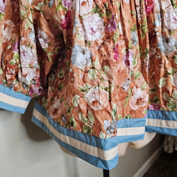 Entro Floral Print Puff Sleeve Peasant Blouse Women's Small Blue Trim Tie Neck - Picture 5 of 10